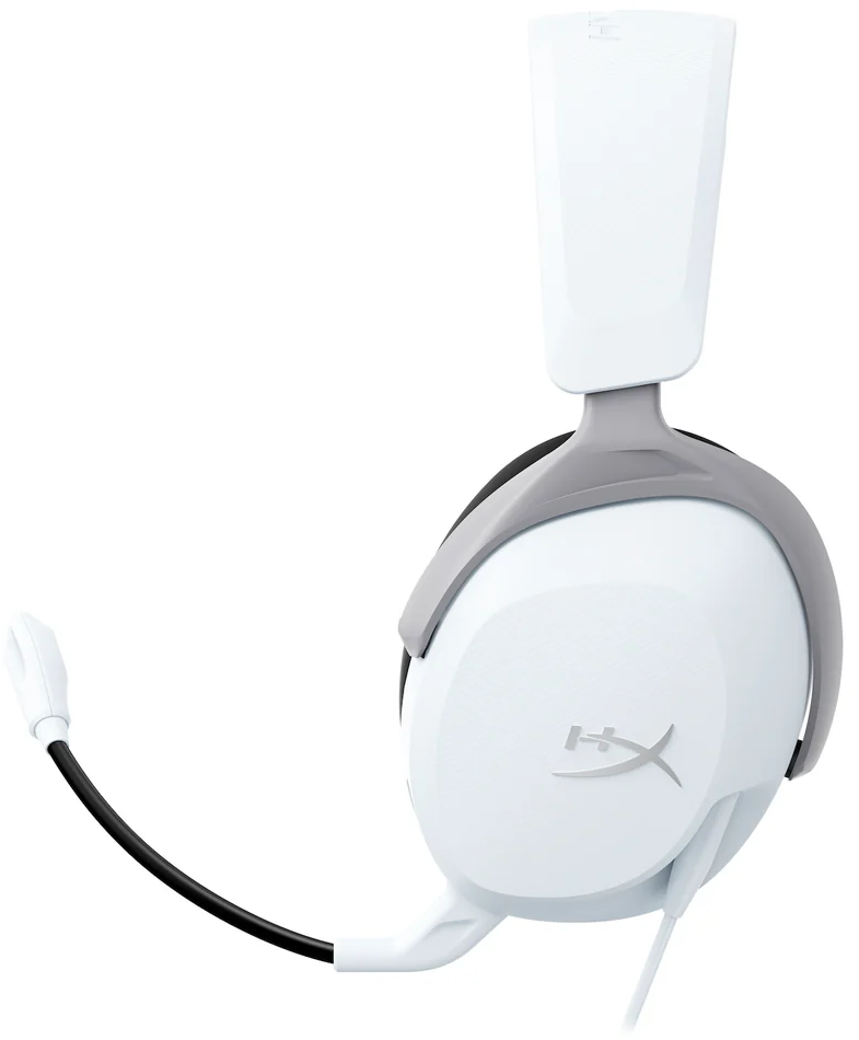 Fehér és szürke gamer headset fekete mikrofonnal.