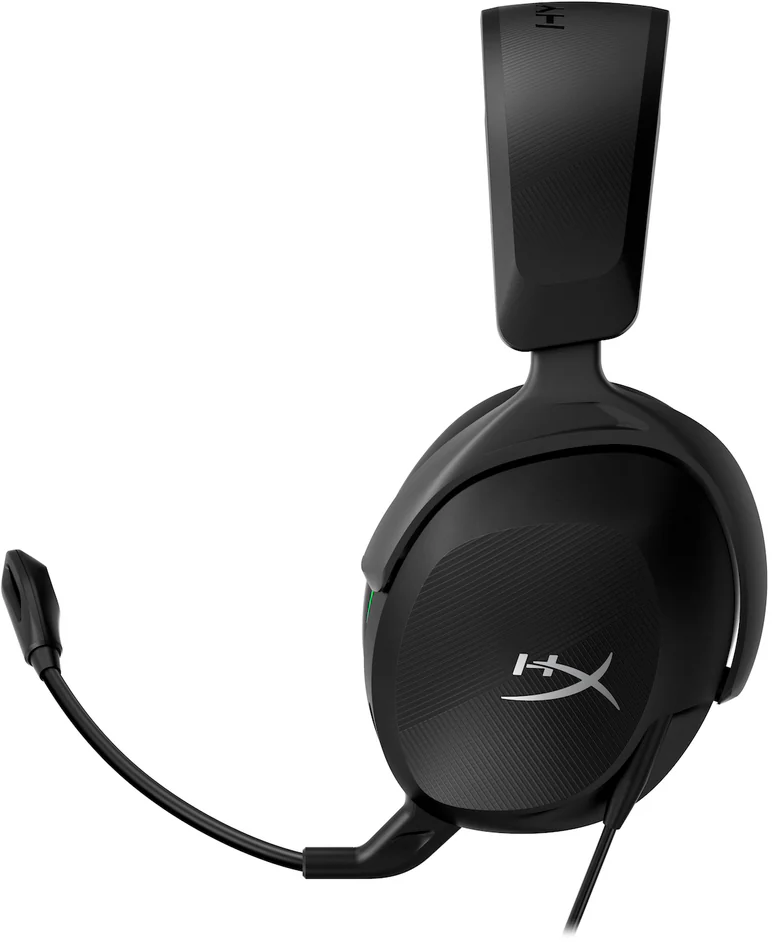 Fekete HyperX gaming headset mikrofonnal, közelkép.