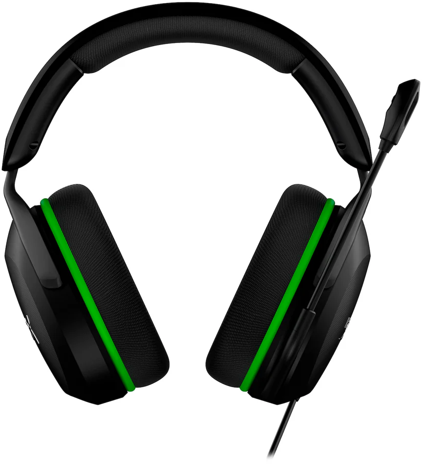 Fekete headset zöld díszítéssel. Két fülkagylója és egy mikrofonja van.