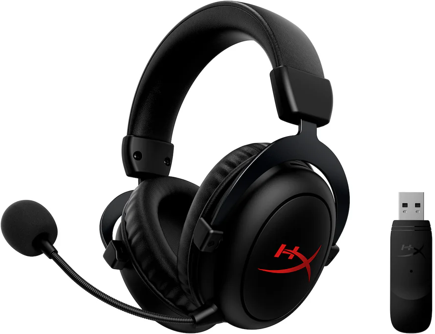 Fekete gamer fejhallgató mikrofonnal, egy vezeték nélküli USB vevő is tartozik hozzá.