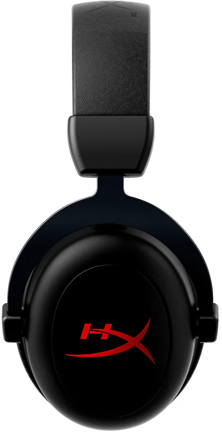 Fekete gamer headset piros logóval, felülről nézve.