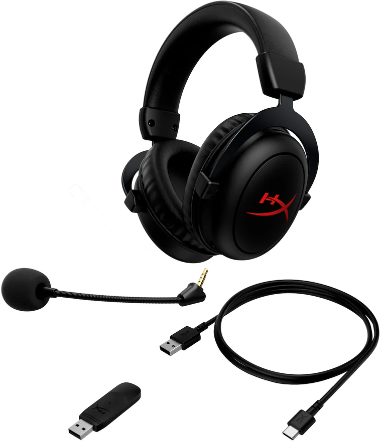 Fekete gamer fejhallgató mikrofonnal, USB- és audiokábellel.