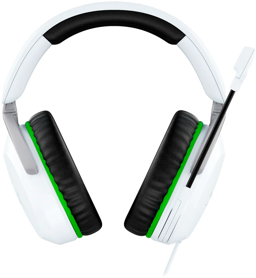 Fehér gamer headset zöld díszítéssel és mikrofonnal.