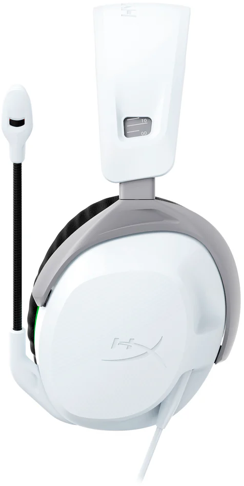 Fehér gamer headset mikrofonnal a bal oldalon és hangerőszabályzóval a jobb oldalon.
