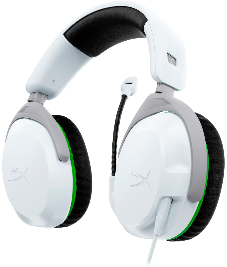 Fehér gamer headset mikrofonnal, fehér háttéren.