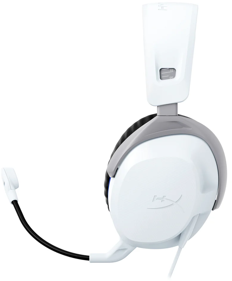 Fehér gamer headset mikrofonnal. A headset fekete és szürke elemekkel rendelkezik.