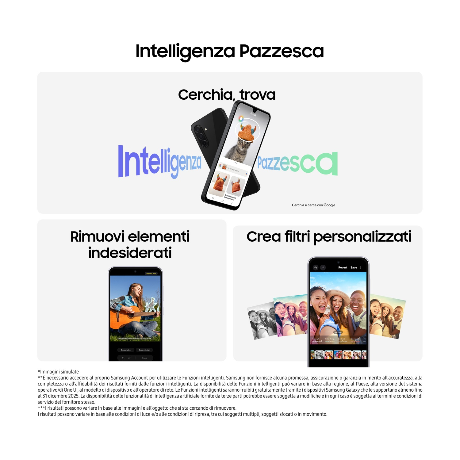 Due immagini di telefono con testo, che mostrano funzioni e opzioni filtro.