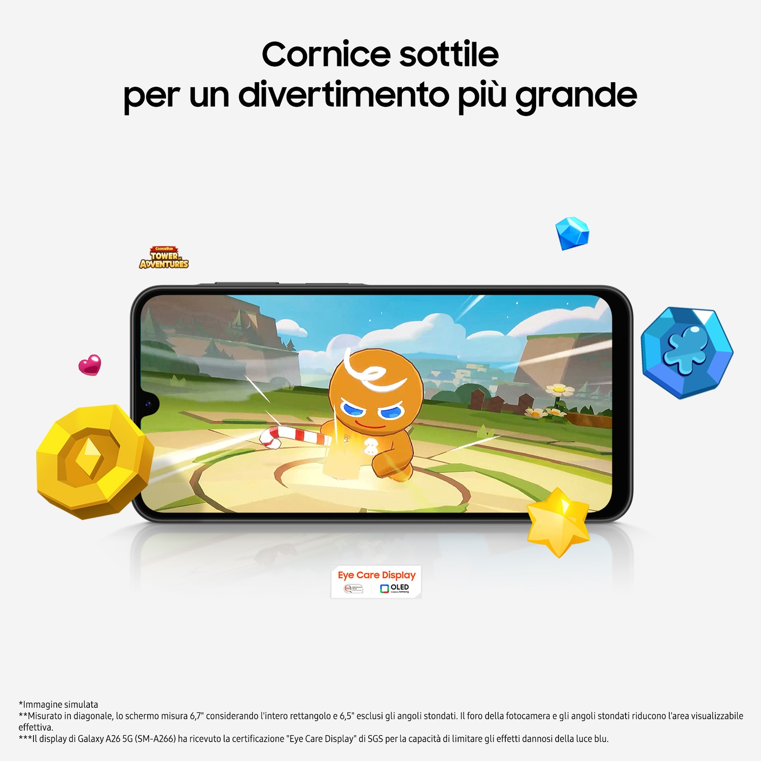 Uno smartphone che mostra un gioco con personaggi e grafica animati.
