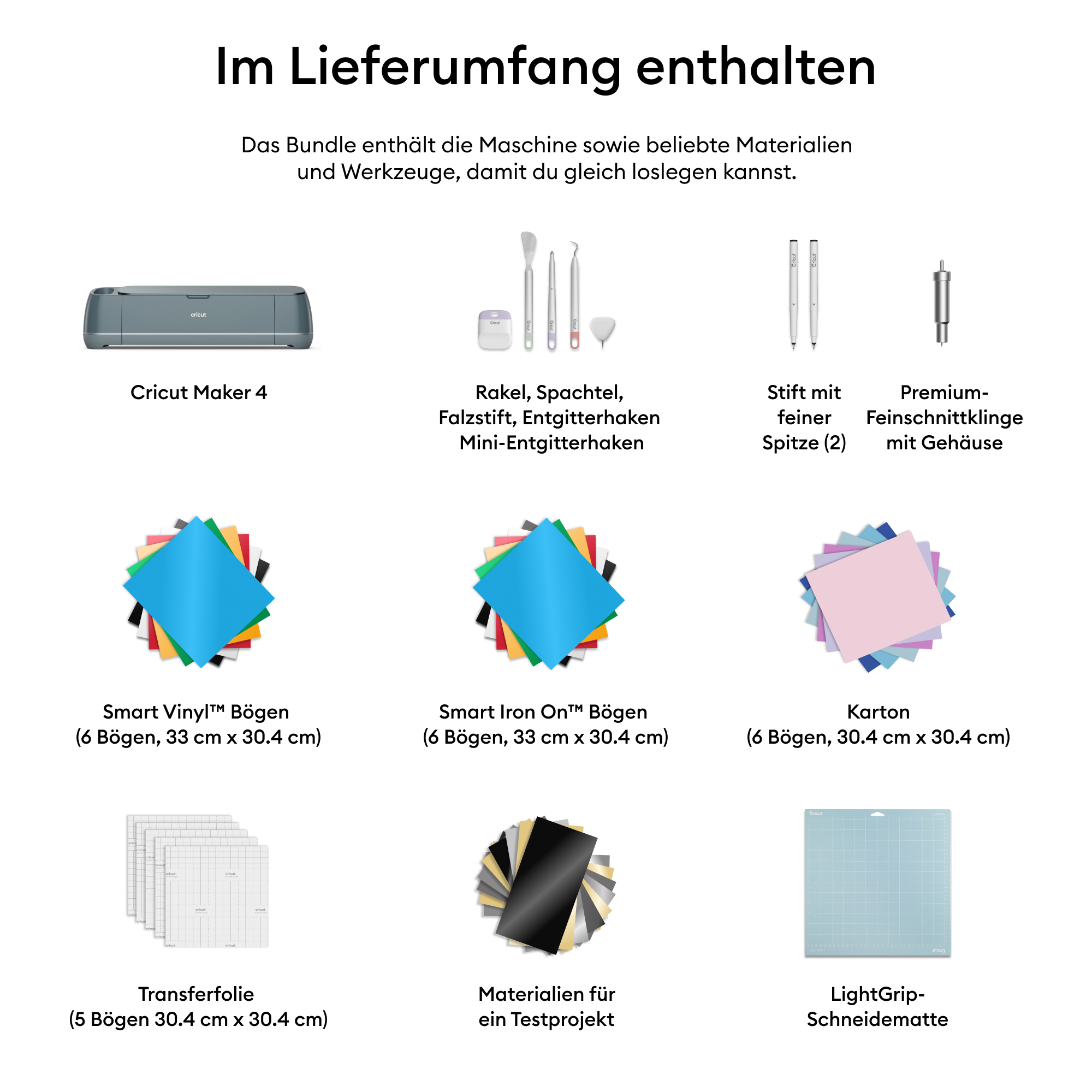 Anordnung von Bastelmaterialien: Cricut Maker 4, Werkzeuge und verschiedene farbige Vinylbögen und eine Schneidematte.