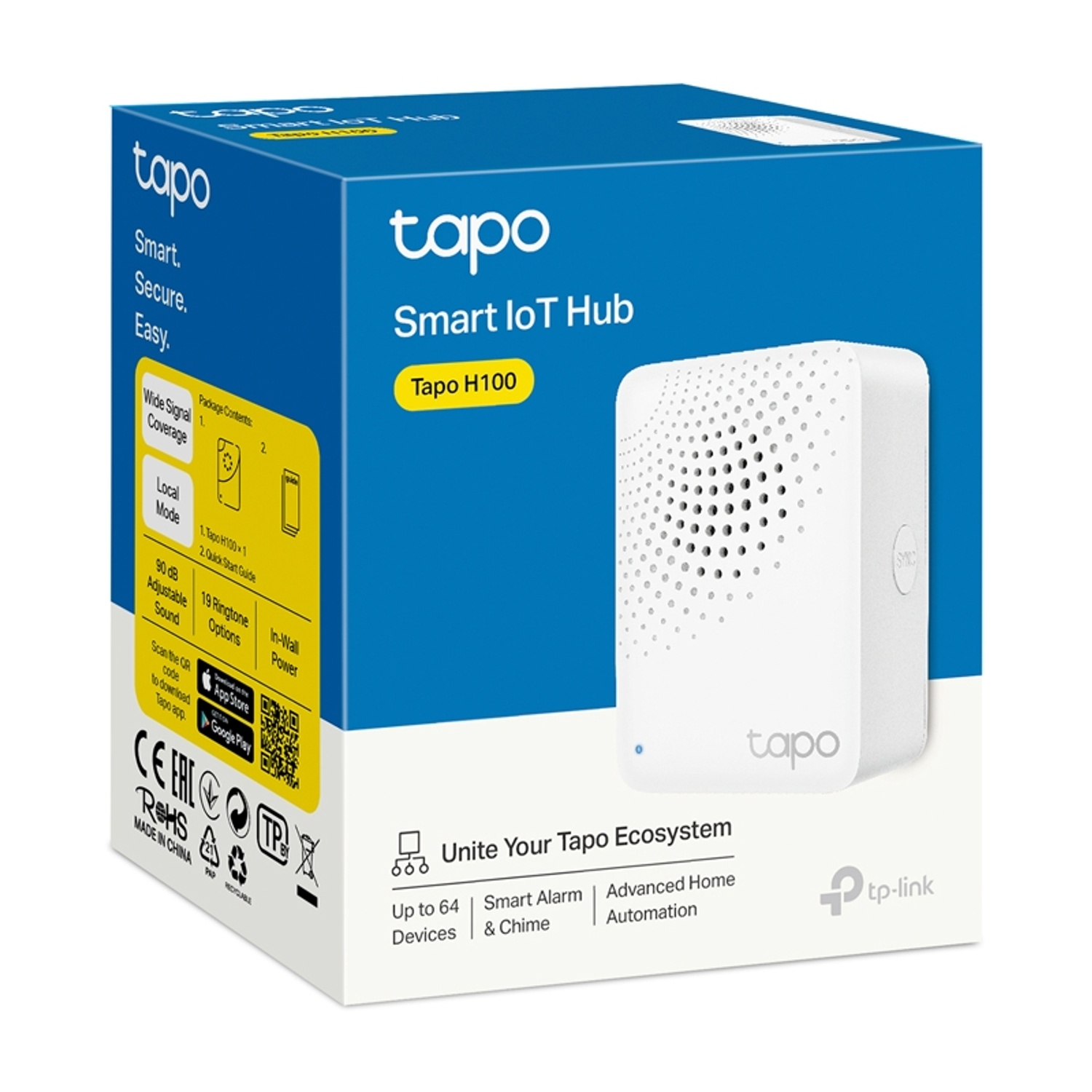 Scatola bianca Tapo Smart IoT Hub, con testo e immagini su sfondo bianco.