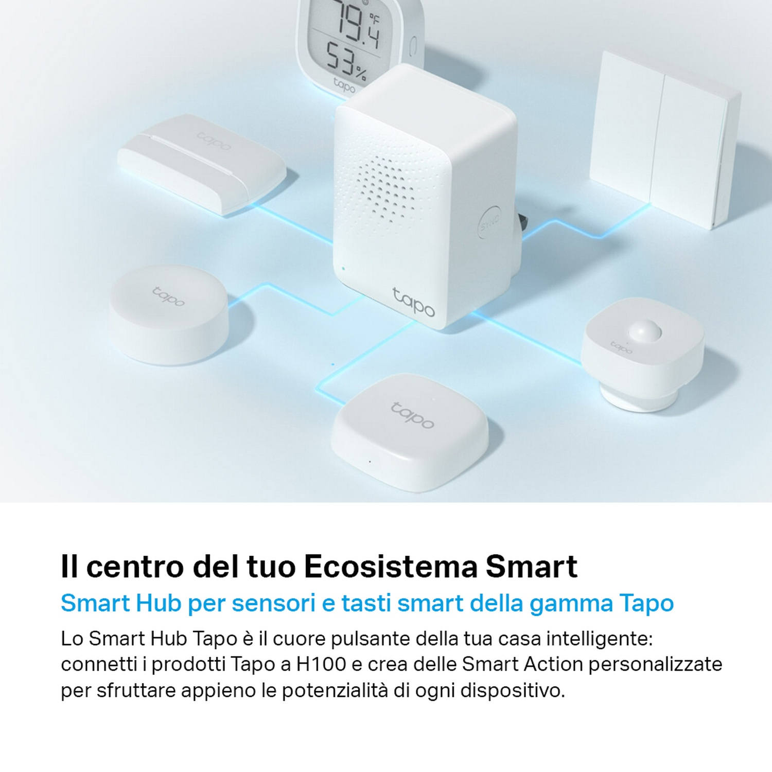 Hub per la casa intelligente e dispositivi Tapo collegati, tra cui prese e sensori.