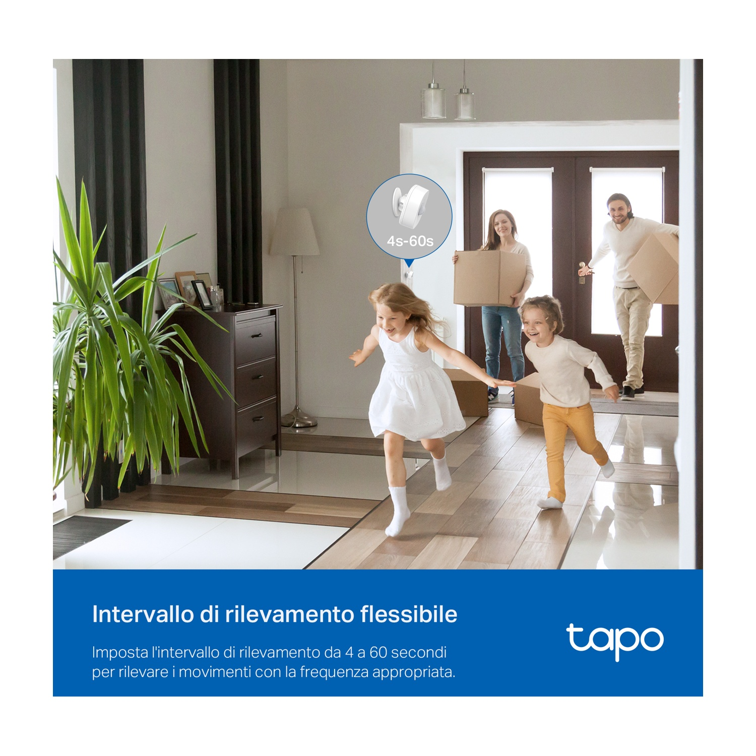 Bambini corrono per casa. Genitori con scatole. Un sensore sullo sfondo con testo.