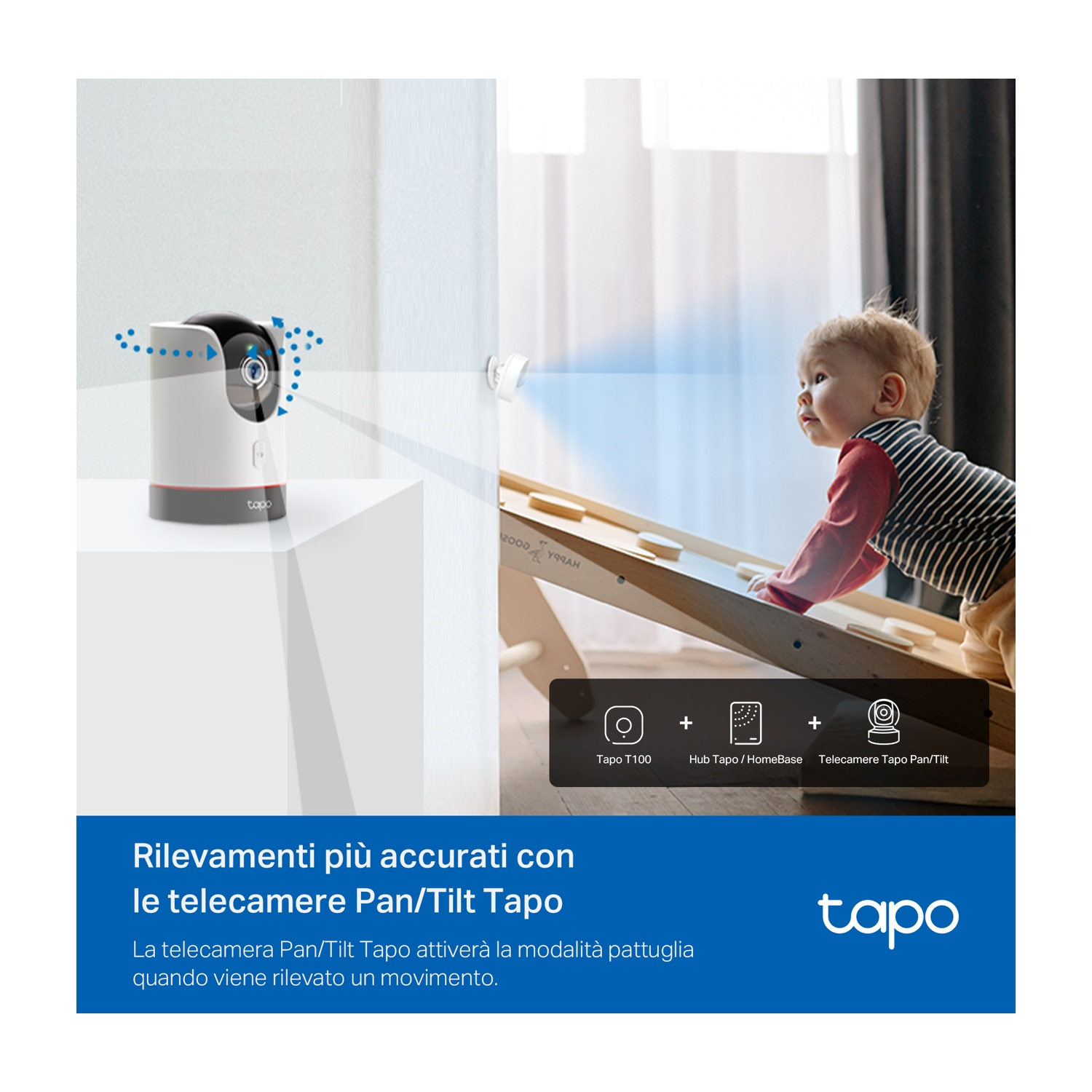 Un bambino osserva una telecamera di sicurezza su una superficie bianca.