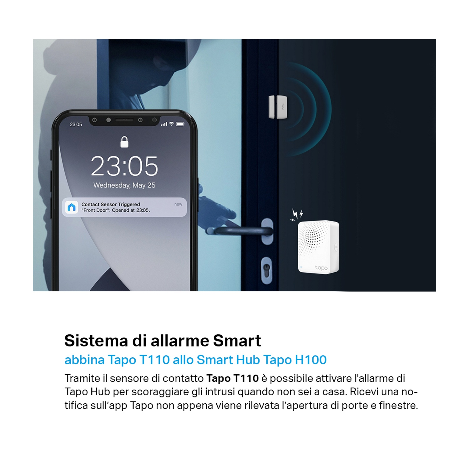 Schermo smartphone mostra allarme sistema domotico con dispositivo di sicurezza bianco.