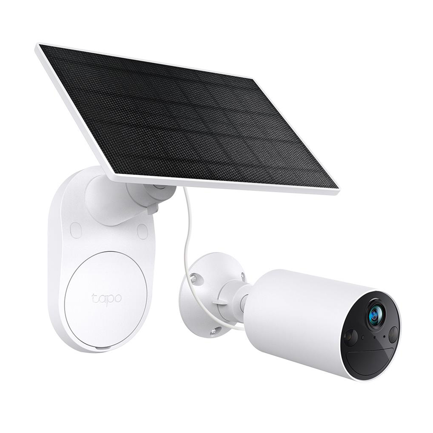 Telecamera di sicurezza Tapo bianca a energia solare con pannello solare nero. Sfondo bianco.