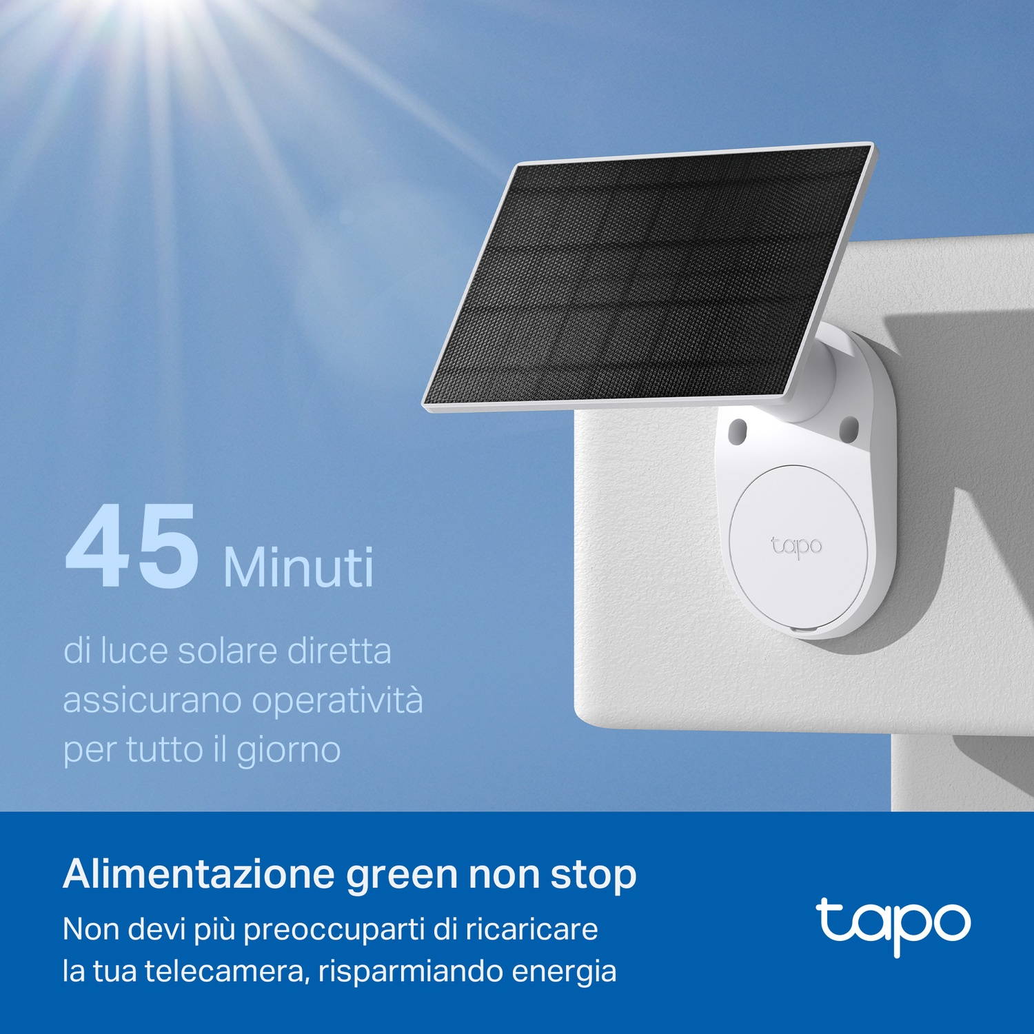 Un pannello solare Tapo, montato su un muro, con testo sull'efficienza energetica.