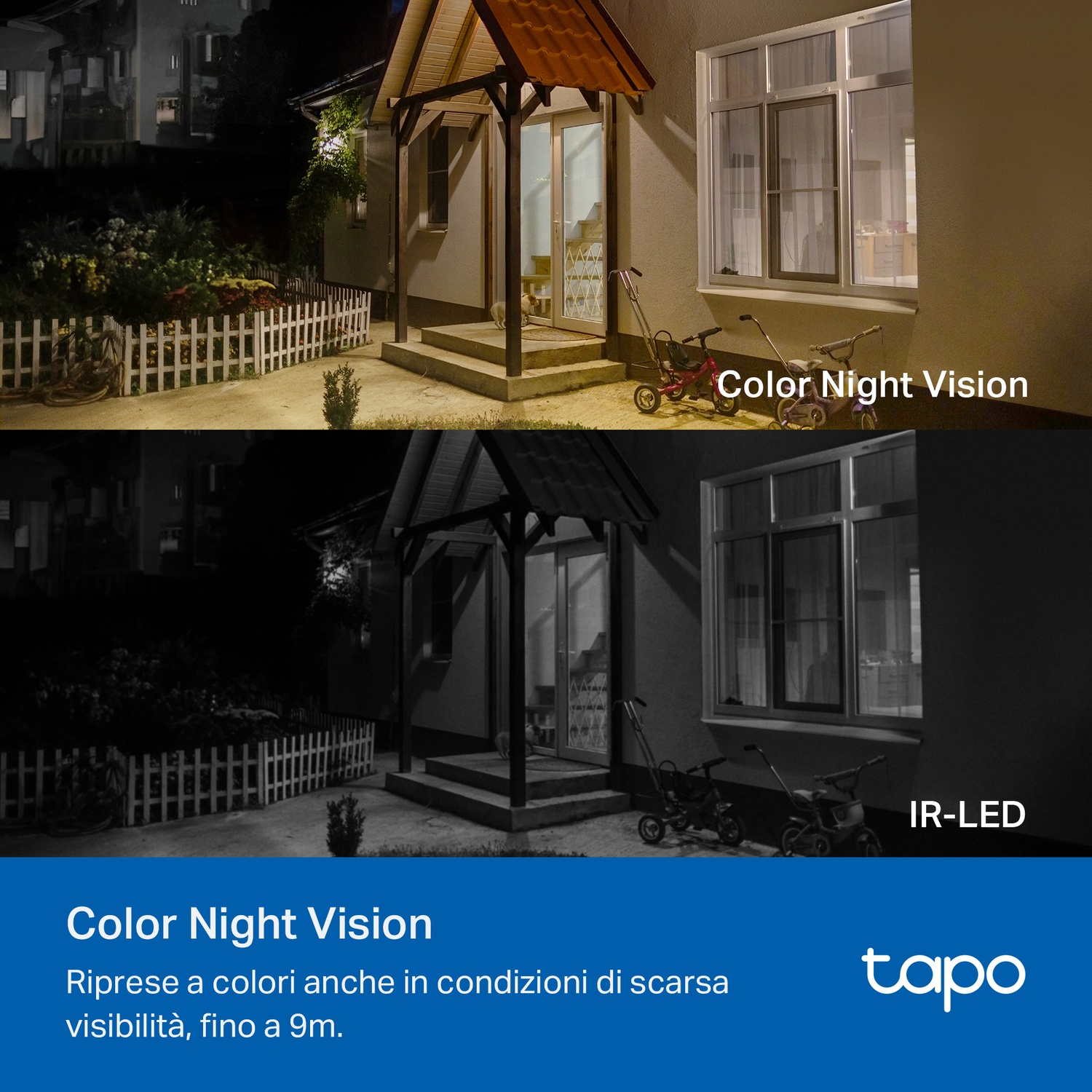 Confronto scena visione notturna. Sopra mostra a colori, sotto LED IR. Casa e giardino.