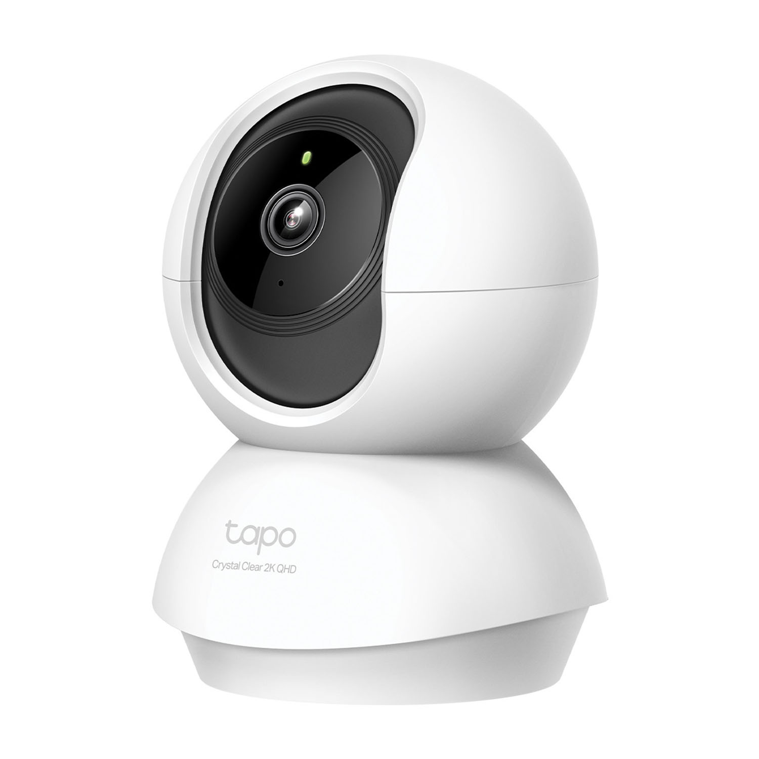 Una fotocamera Tapo bianca su sfondo bianco. La fotocamera è sferica con un obiettivo nero.