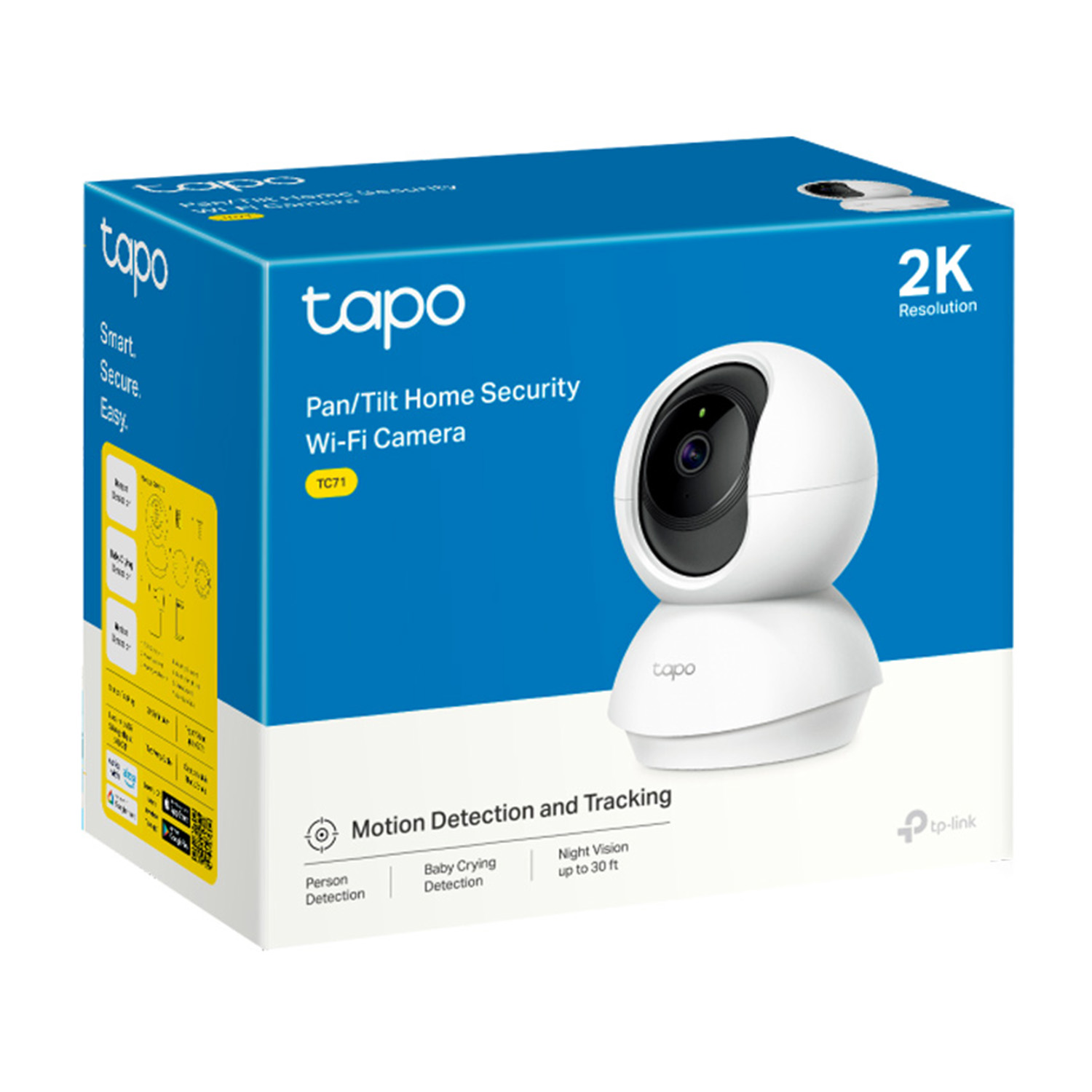 Telecamera Wi-Fi di sicurezza domestica Tapo nella sua scatola blu e bianca.