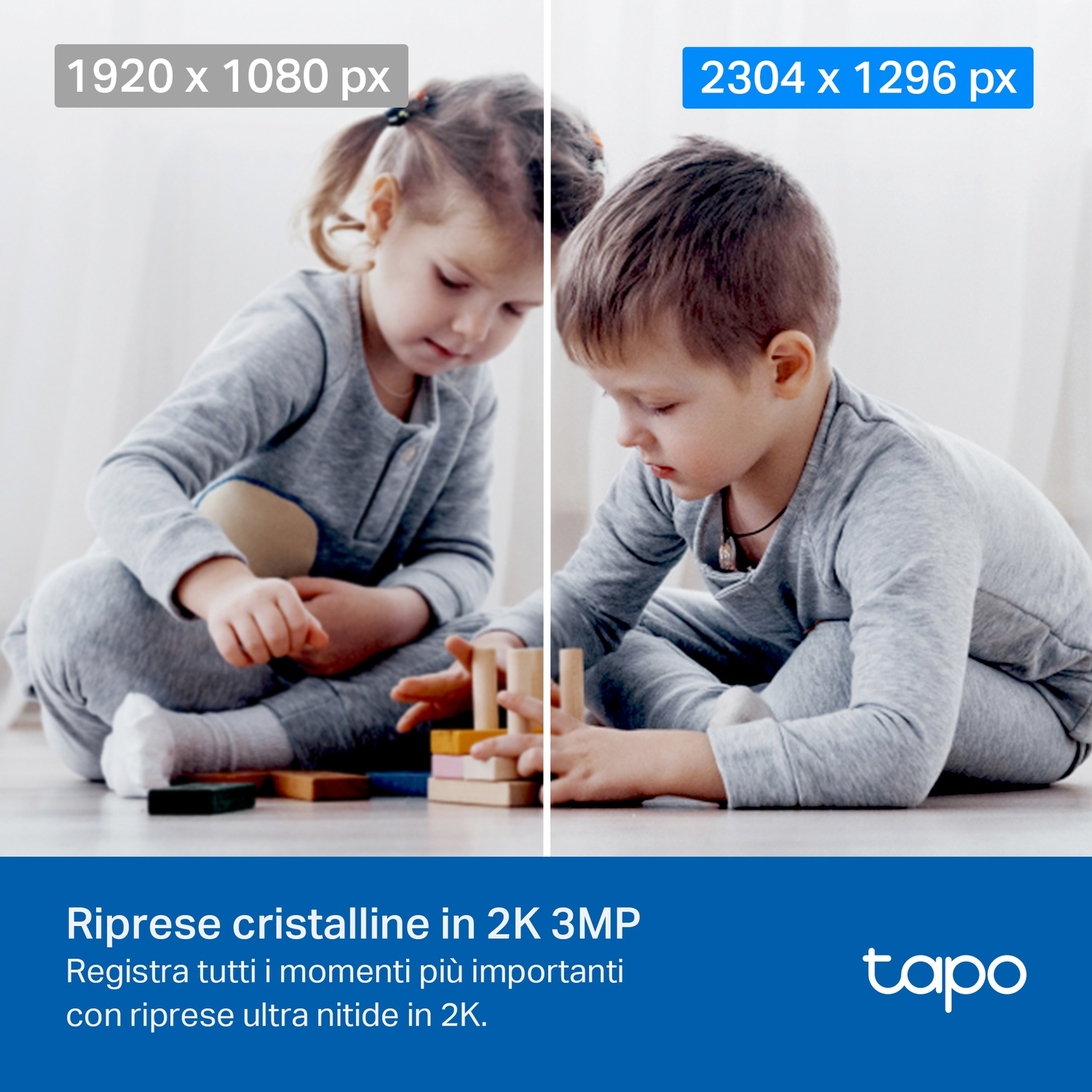 Due bambini che giocano con blocchi di legno, affiancati, mostrando diverse risoluzioni dello schermo.