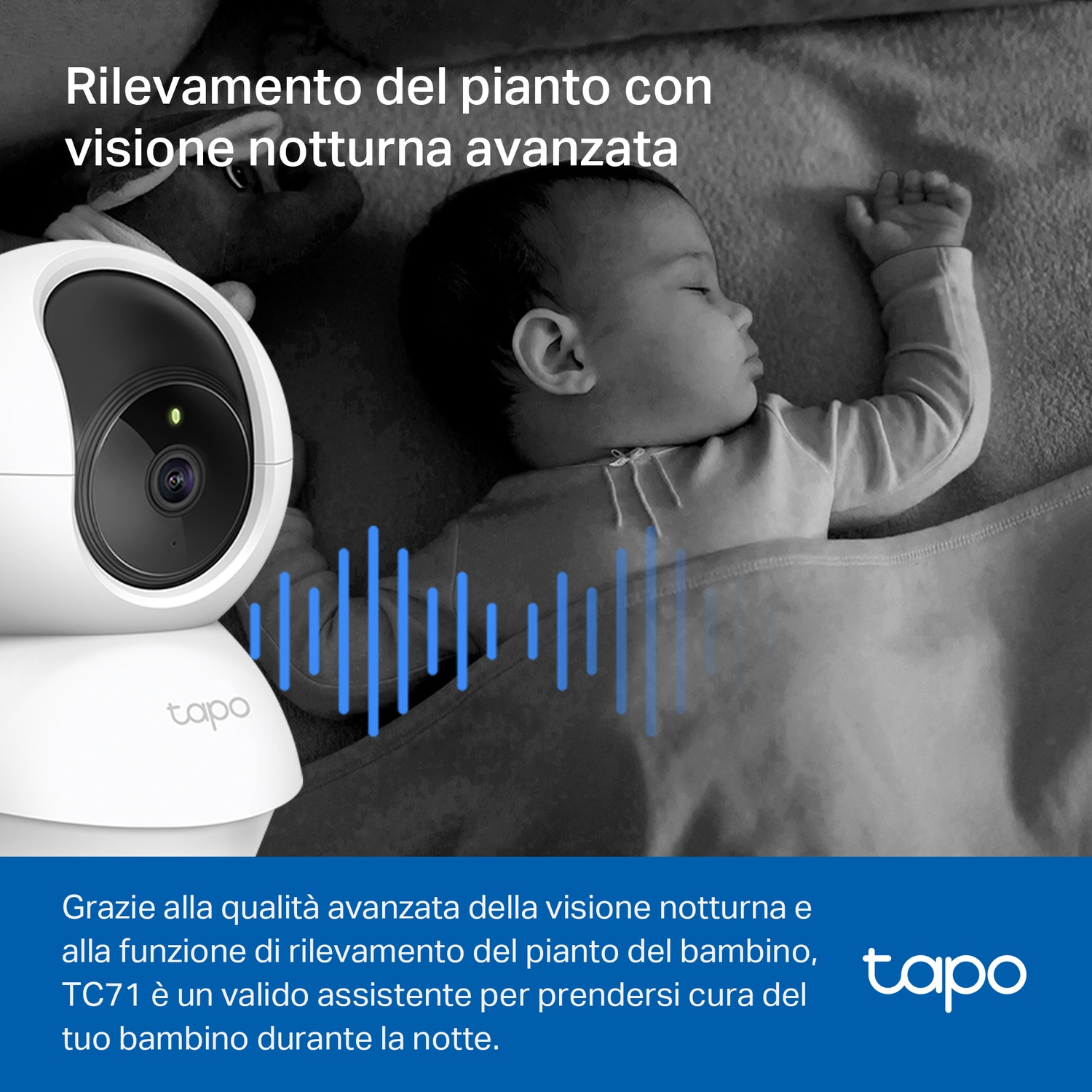 Un bambino dorme sotto una coperta accanto a una telecamera Tapo bianca. Il testo descrive le funzioni di visione notturna.