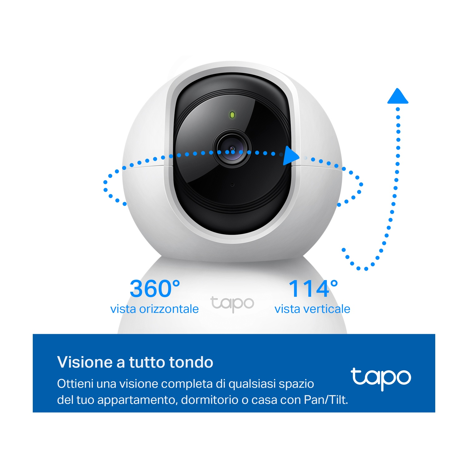 Telecamera Tapo bianca, campo visivo orizzontale di 360° e verticale di 114°.