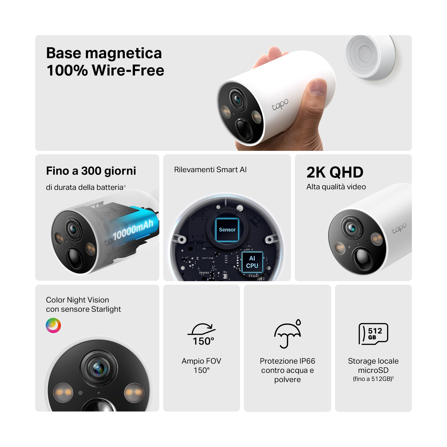 Telecamera di sicurezza bianca con lente nera, mano che la tiene. Testo: Base magnetica 100% senza fili.