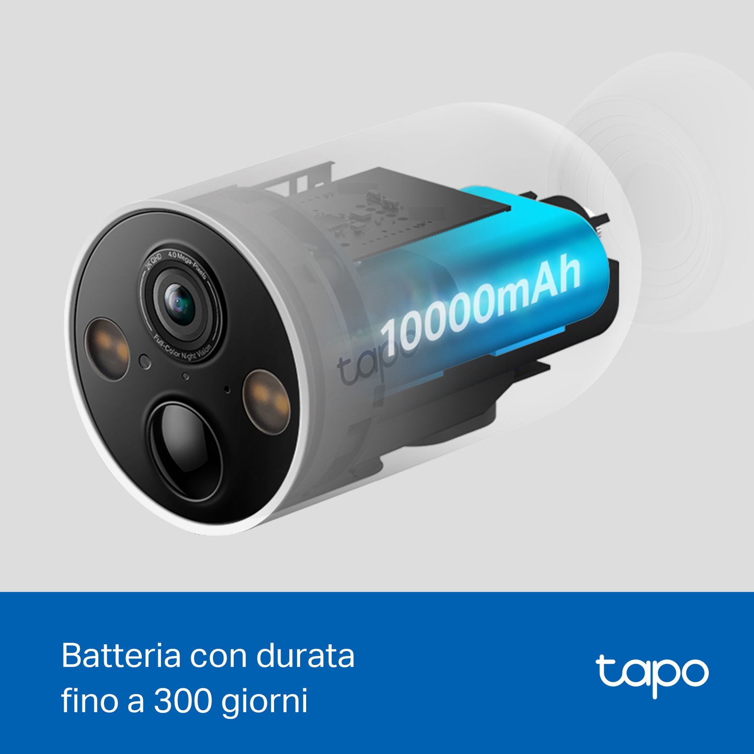 Sezione trasversale di una fotocamera Tapo con una grande batteria blu, etichettata 10000mAh.