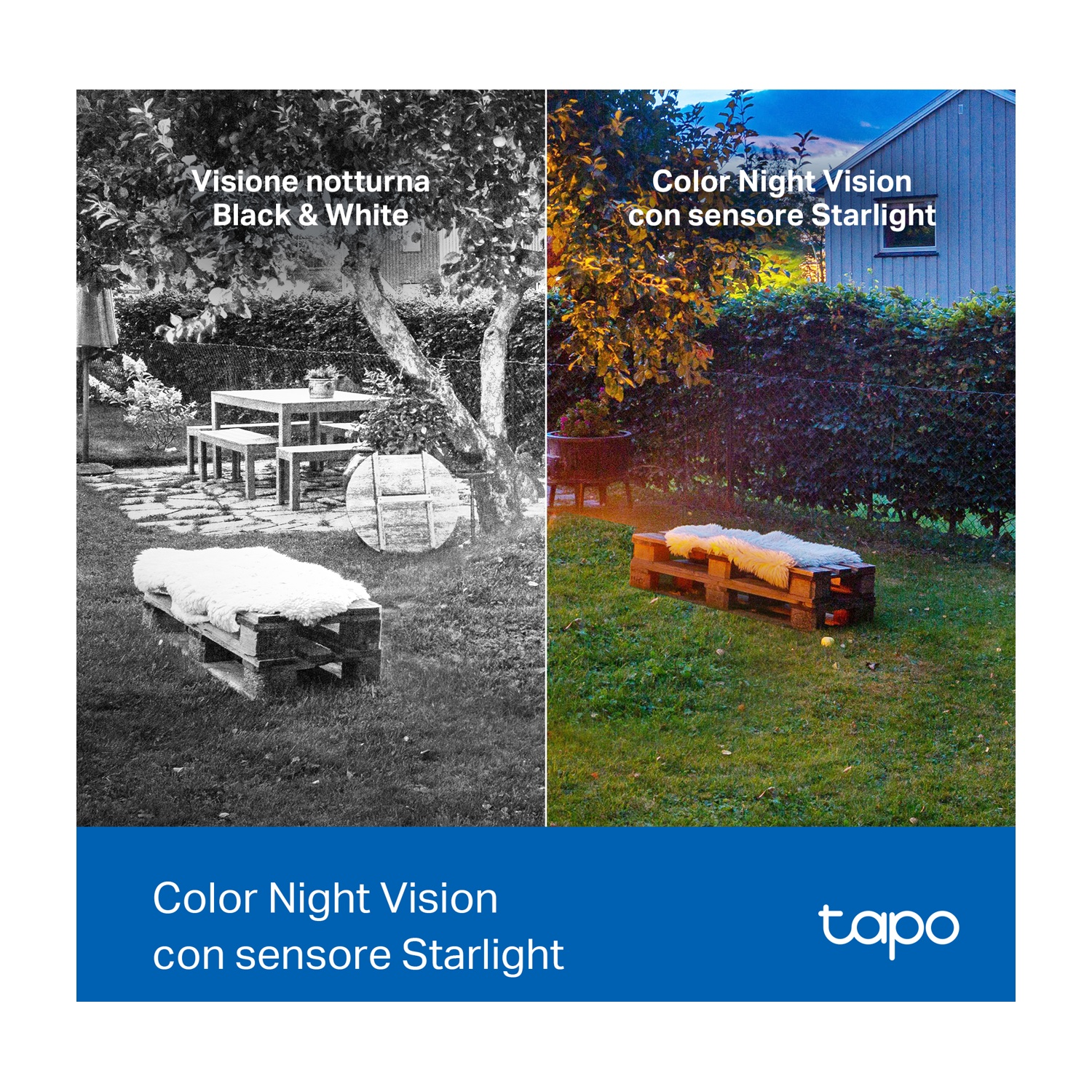 Un'immagine divisa mostra il confronto della visione notturna. Un lato è in bianco e nero, l'altro è la visione notturna a colori in un giardino.
