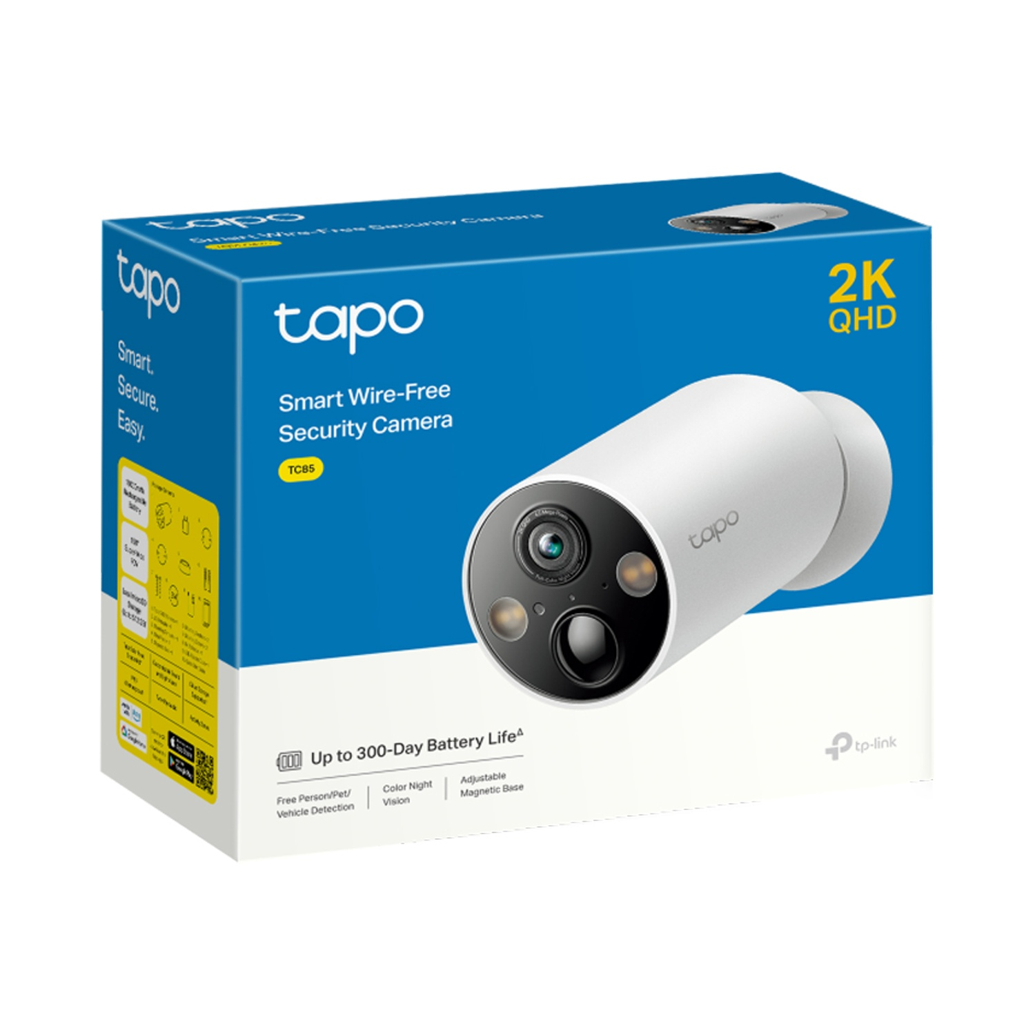 Scatola della telecamera di sicurezza Tapo bianca, sfondo bianco, con etichetta 2K QHD.