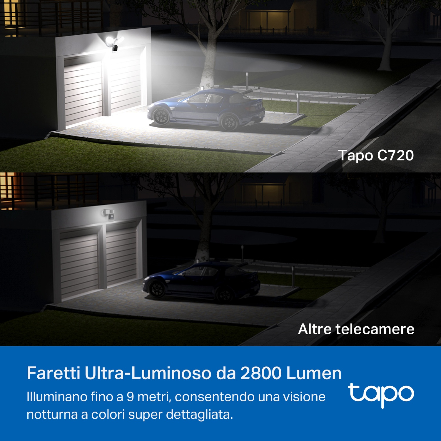Garage di notte, illuminato da una luce di sicurezza. Auto scura davanti.