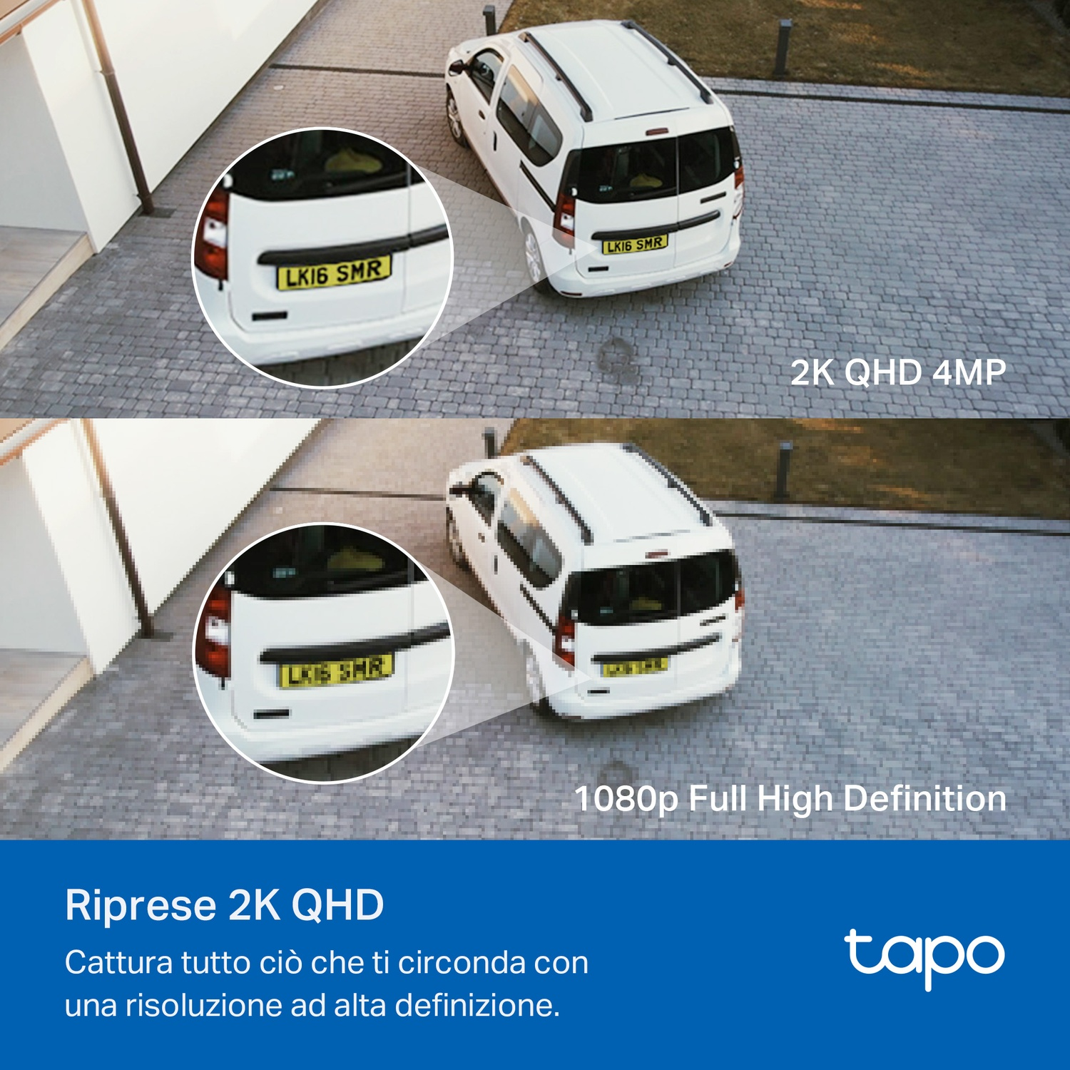 Due immagini che confrontano la qualità video di un'auto. Una in 2K QHD 4MP e una in 1080p.