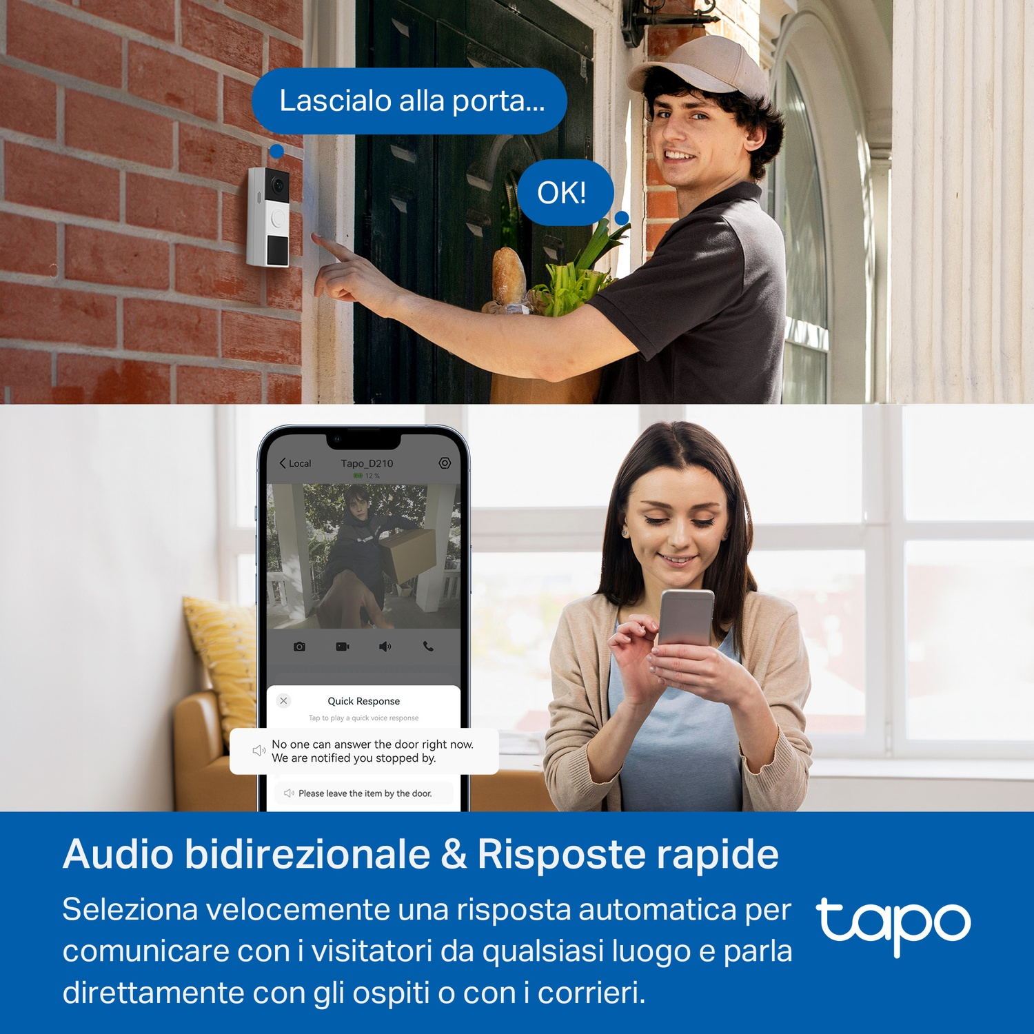 Donna al telefono, fattorino con pacco e il campanello Tapo. Testo: 'Audio bidirezionale e risposte rapide'.