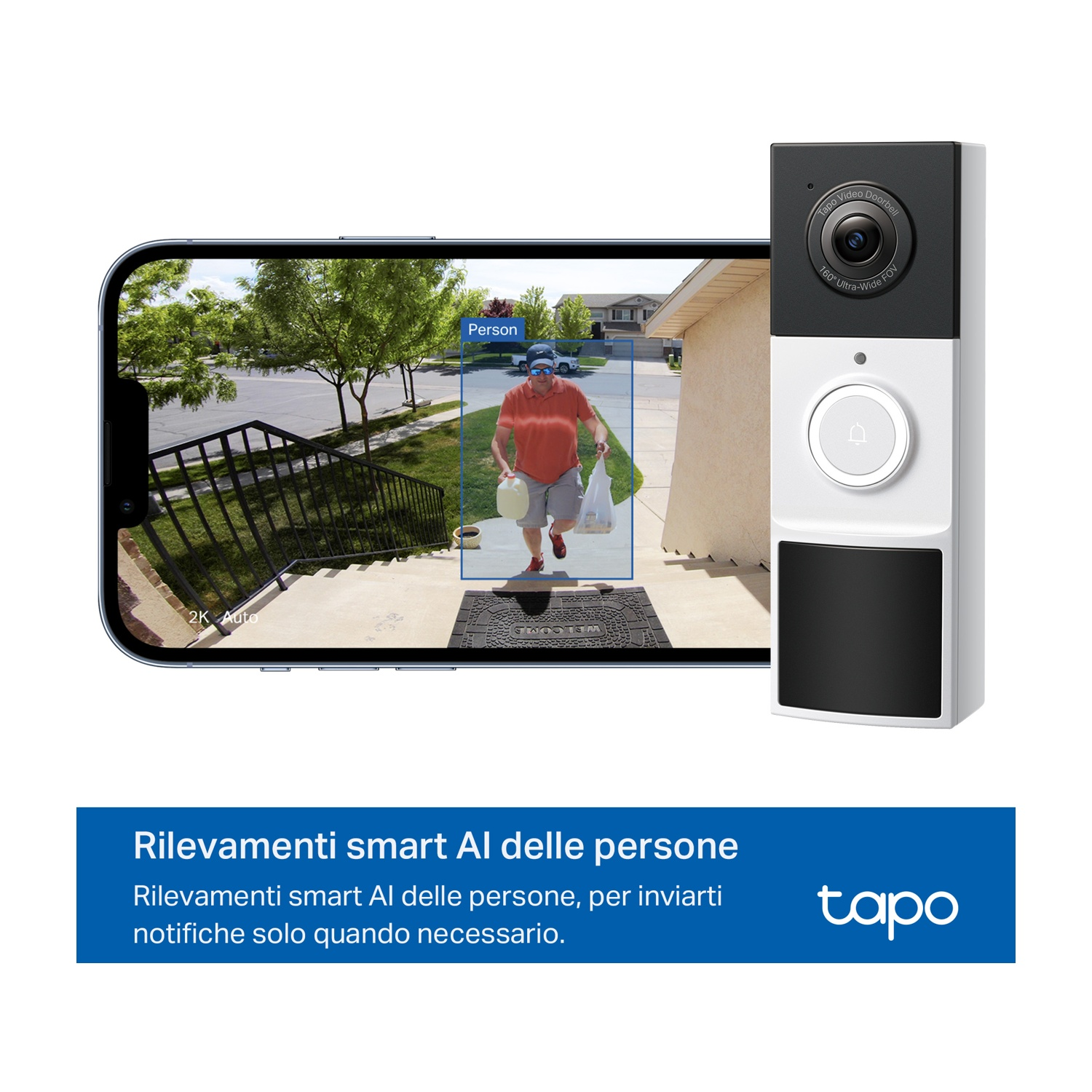 Campanello intelligente con smartphone che mostra il rilevamento persona.