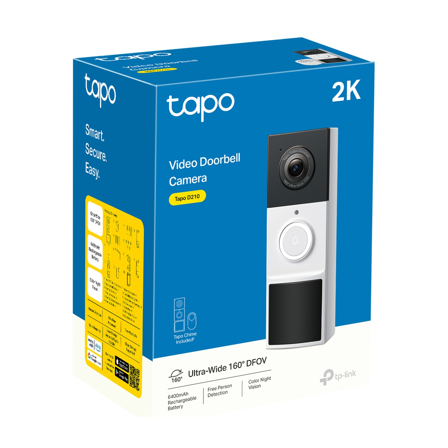 Videocamera campanello in scatola, con marchio Tapo e info risoluzione 2K.