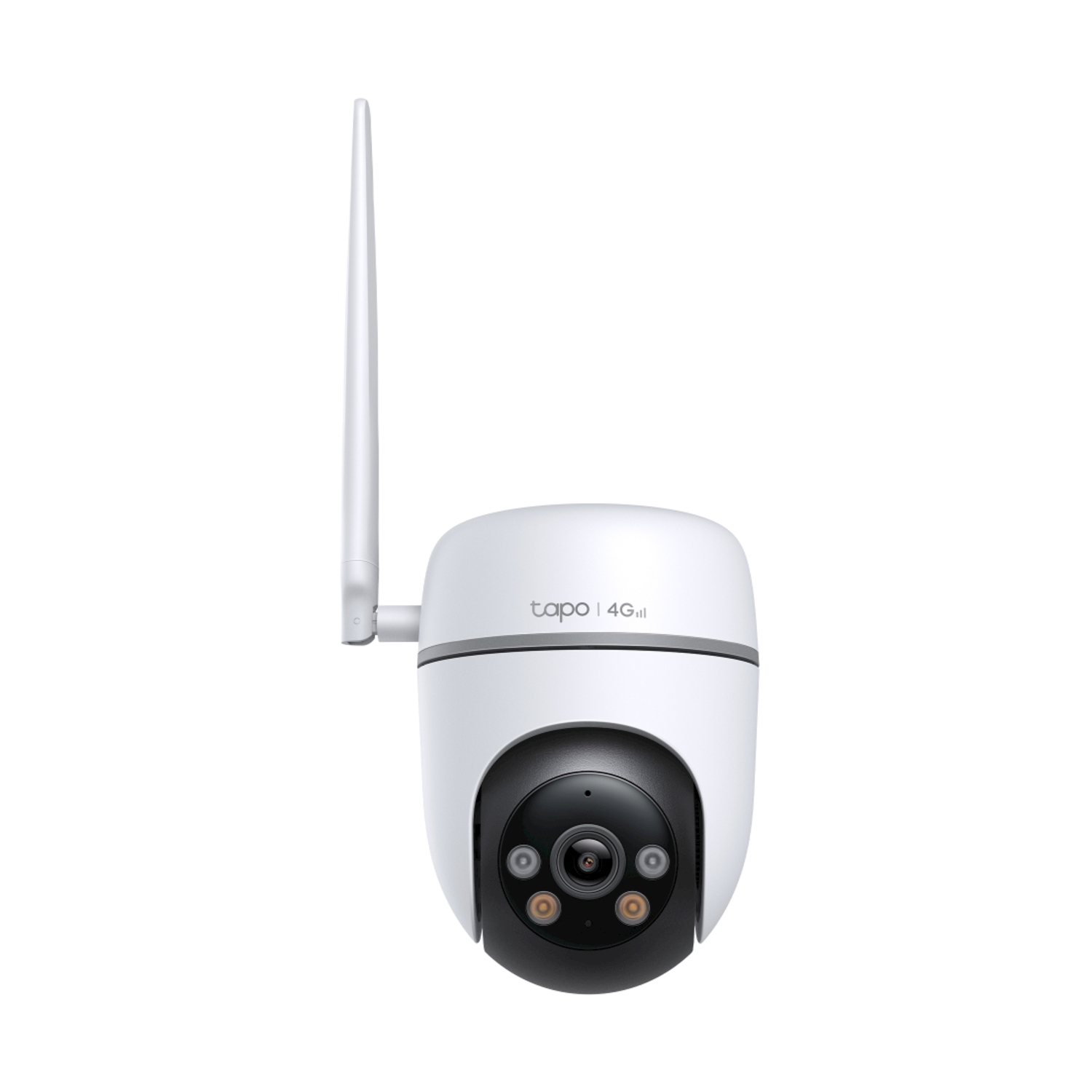 Telecamera di sicurezza bianca e nera con antenna. Marchio Tapo 4G.