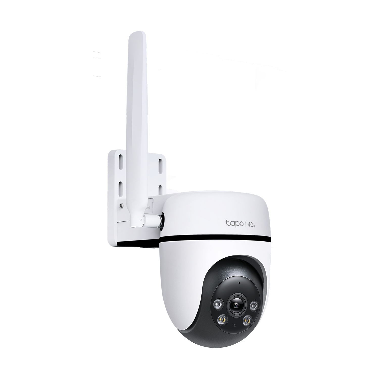 Una telecamera di sicurezza bianca e nera con antenna bianca.
