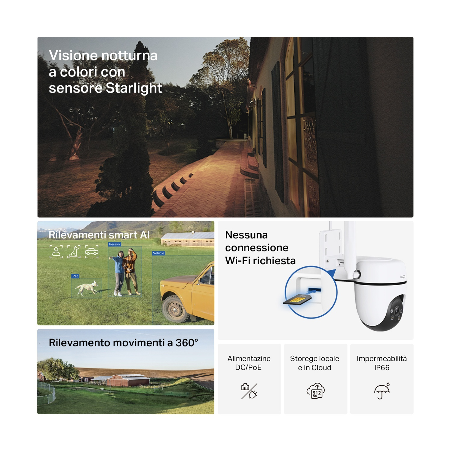 Configurazione della telecamera che mostra la visione notturna con una casa sullo sfondo.