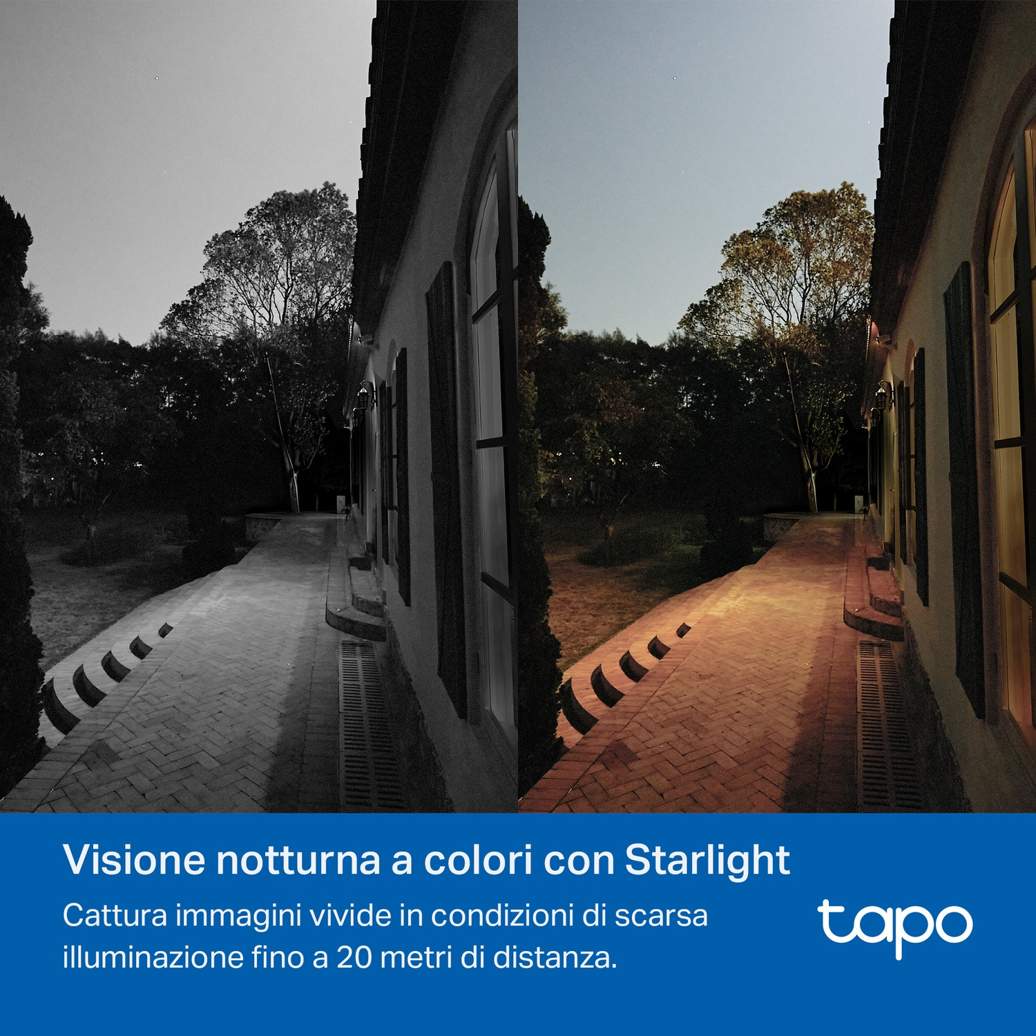 Esterno di una casa in modalità notturna, con un lampione e testo sulla visione notturna.