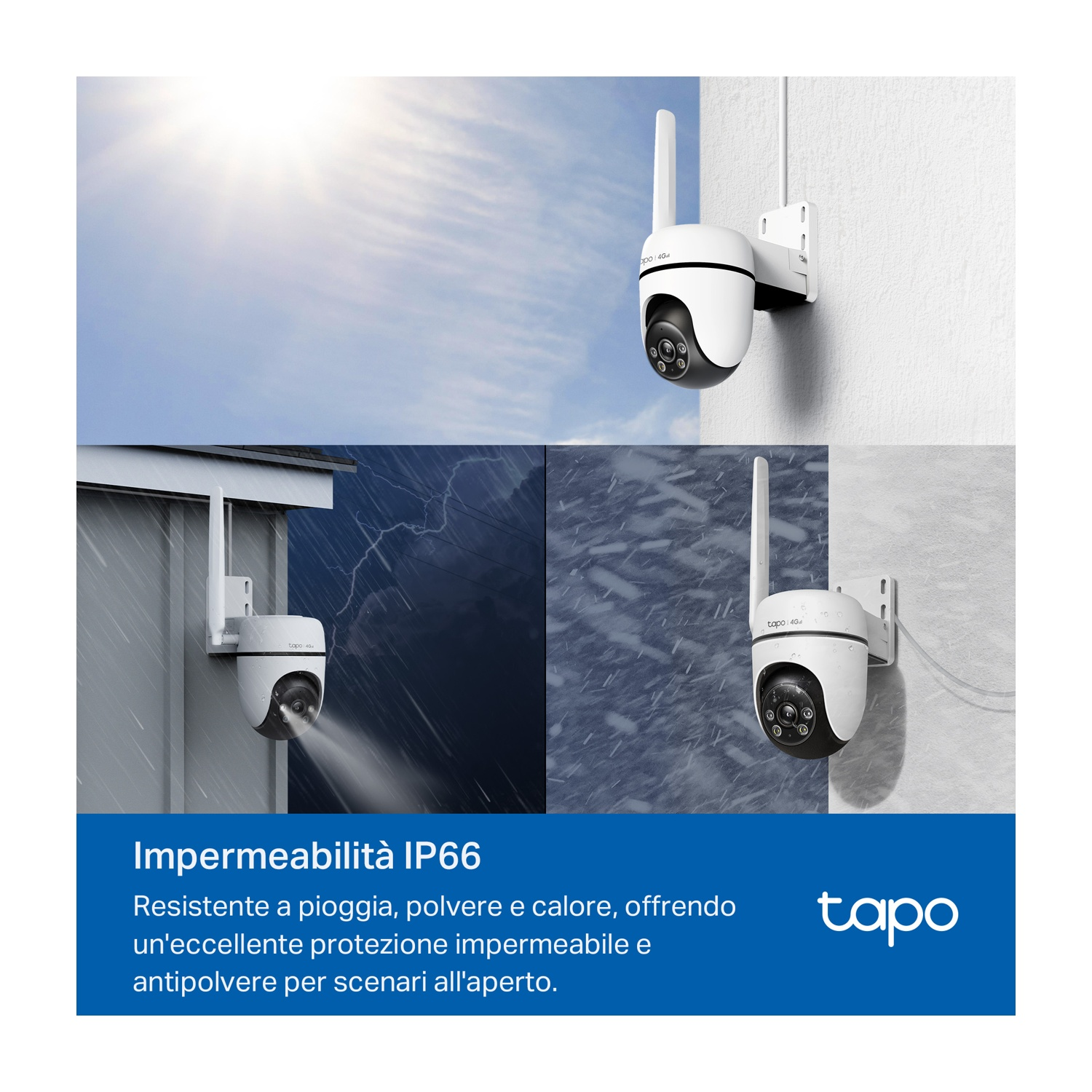 Telecamere di sicurezza bianche e nere, installate. Condizioni soleggiate, piovose e nevose.