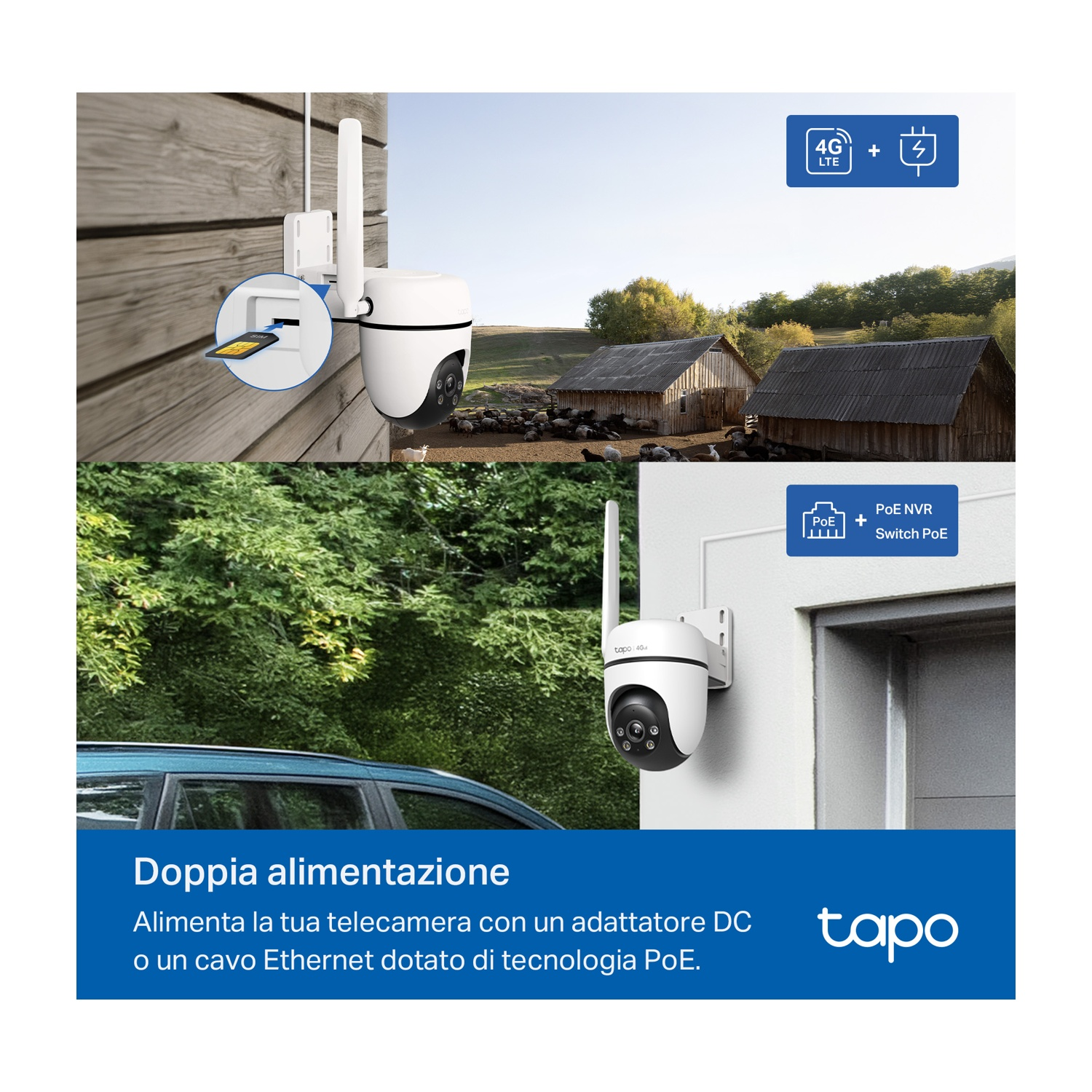 Due telecamere di sicurezza con testo, scena all'aperto.