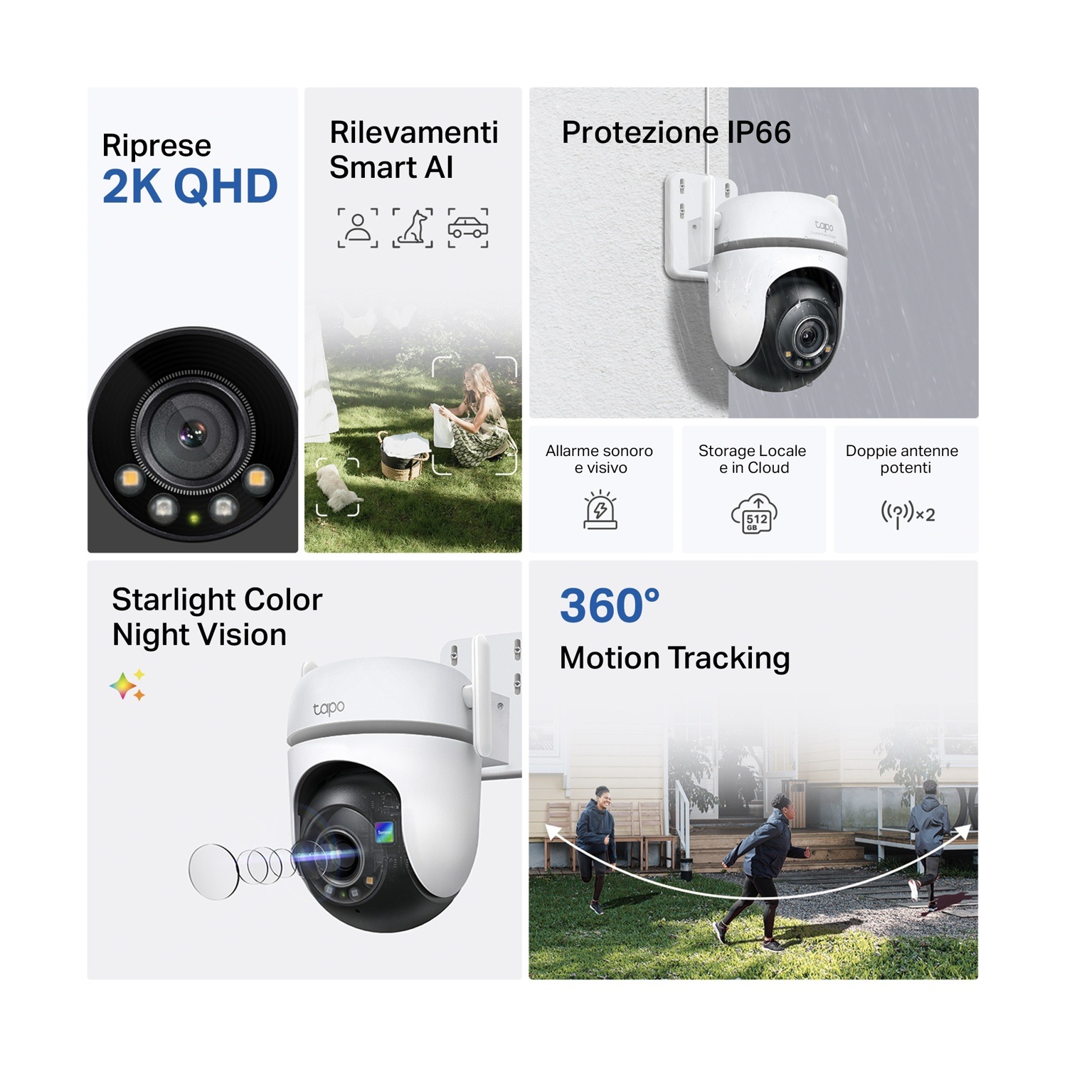 Diagramma che mostra una telecamera di sicurezza bianca con varie funzionalità, tra cui visione notturna e rilevamento del movimento.