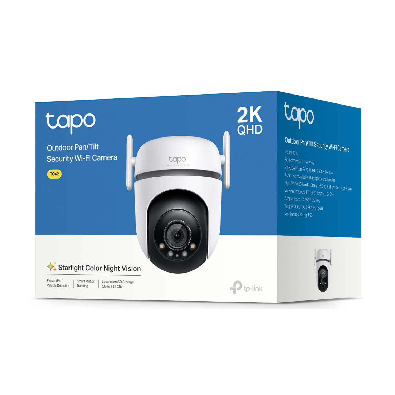 Telecamera Wi-Fi di sicurezza Tapo 2K QHD per esterni. Scatola bianca con info prodotto.