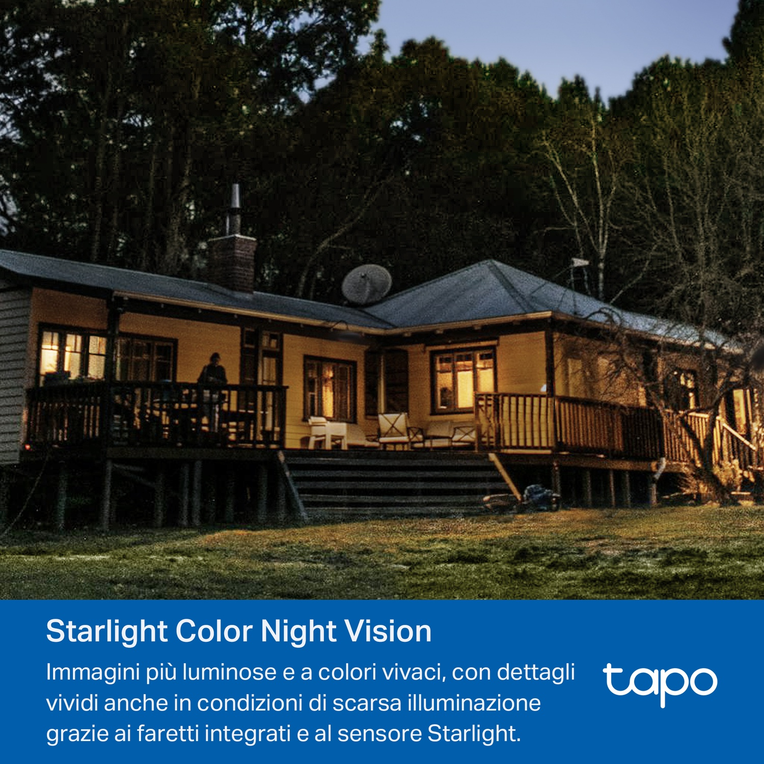 Scena notturna: una casa con luci accese, alberi e testo su Starlight Color Night Vision.