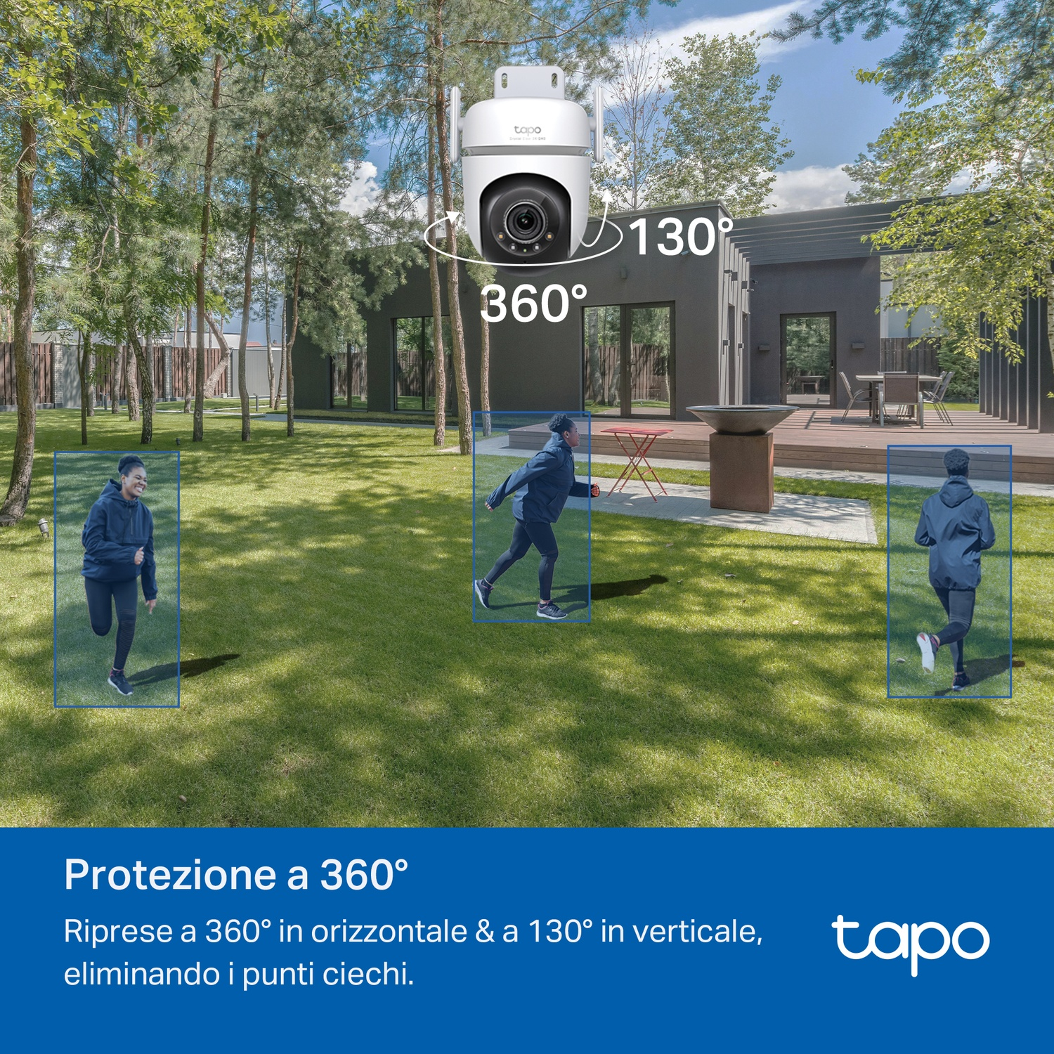 Tre persone corrono in un giardino. Telecamera di sicurezza montata su una casa.