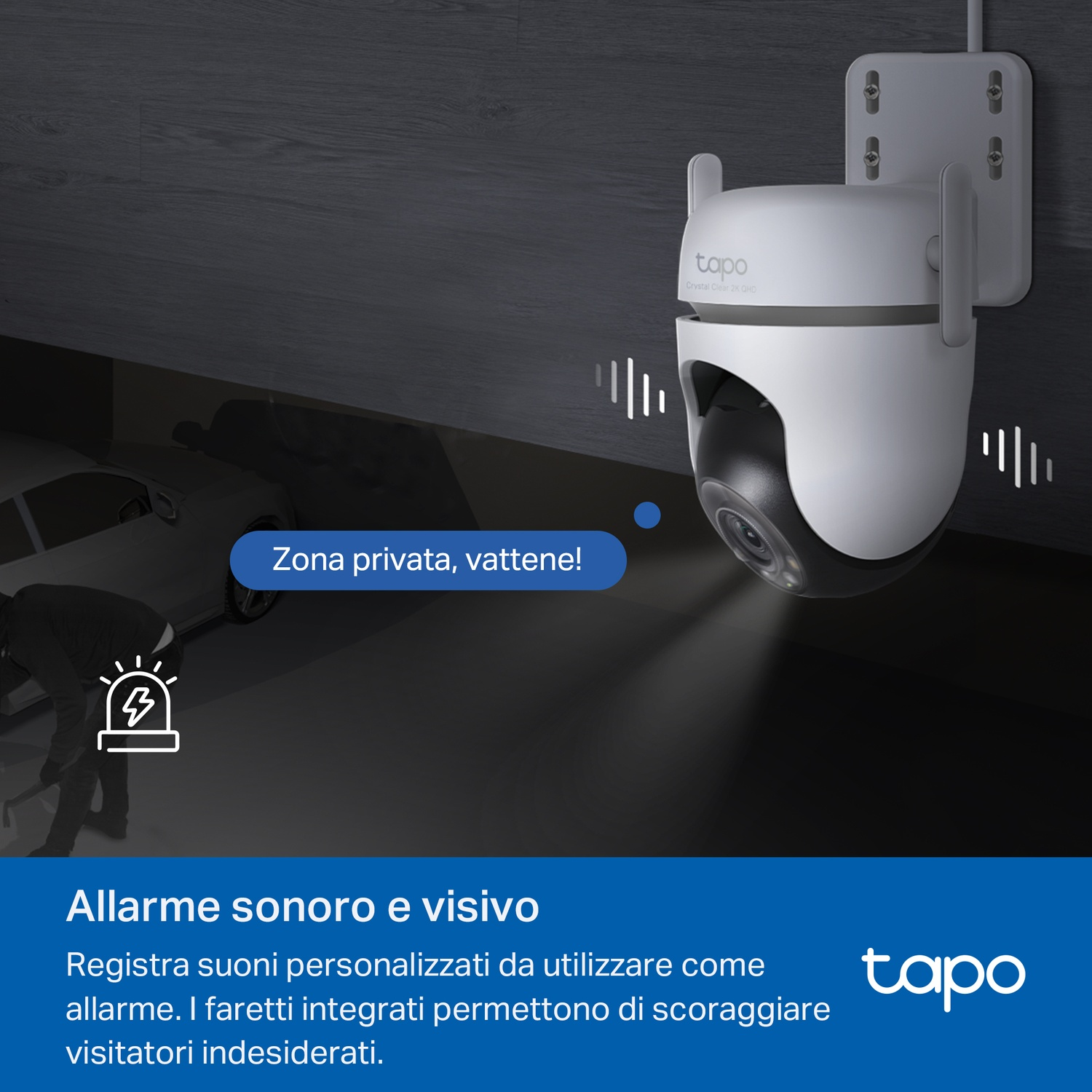 Telecamera di sicurezza su un muro, con un'auto e una persona con attrezzi.