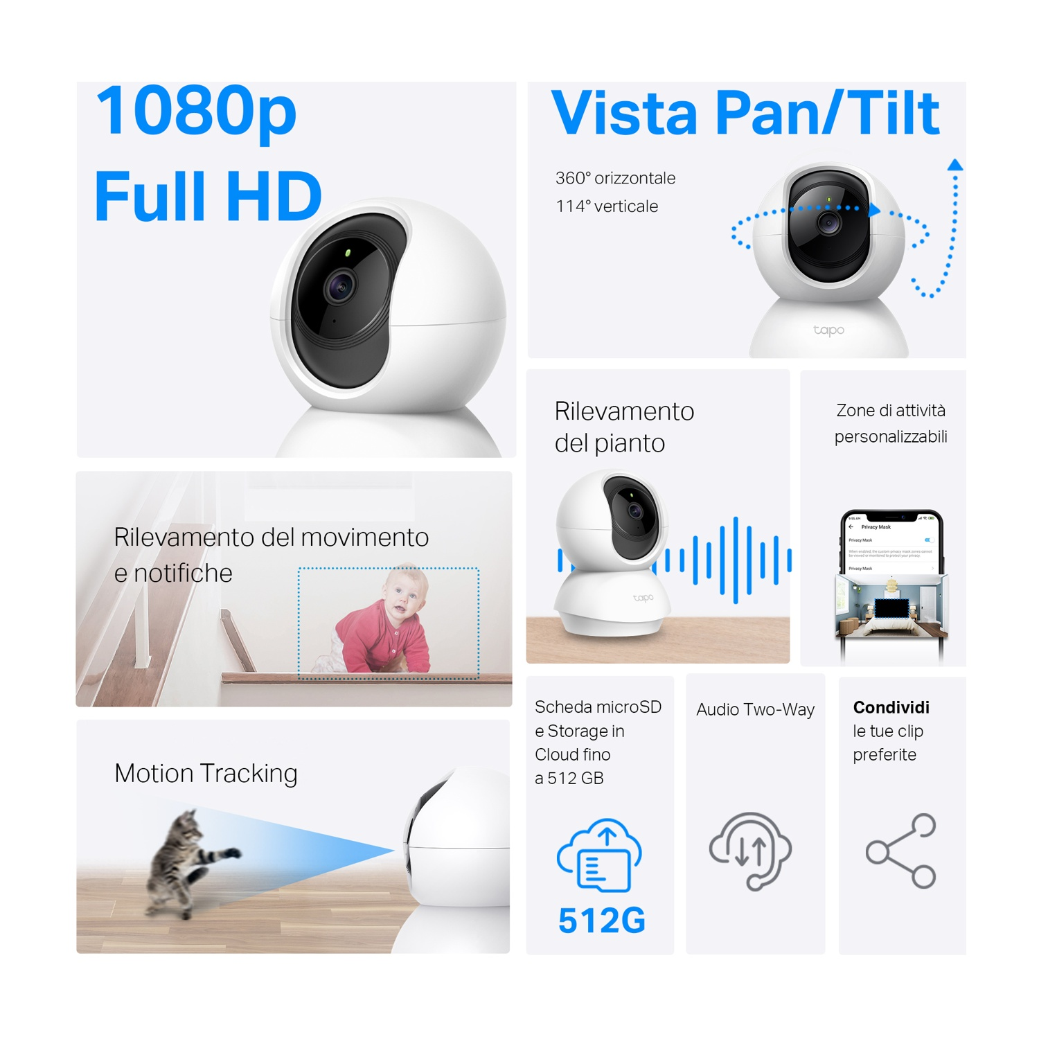 Una telecamera di sicurezza bianca a cupola, mostrata con funzioni e icone.