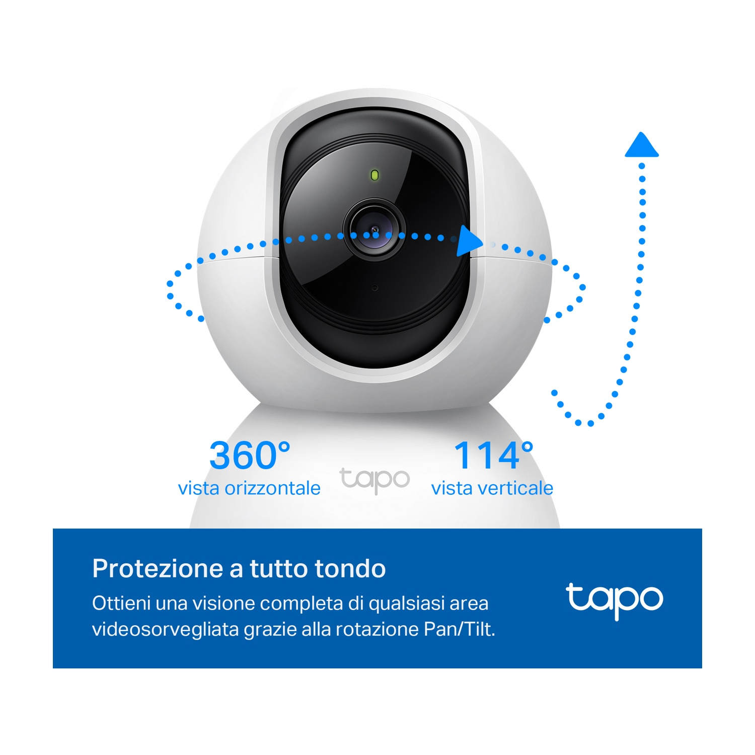 Telecamera di sicurezza bianca che mostra una vista orizzontale a 360° e verticale a 114°, con frecce blu.