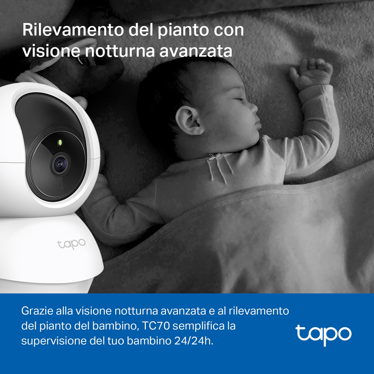 Immagine di un bambino che dorme con una telecamera bianca in primo piano.