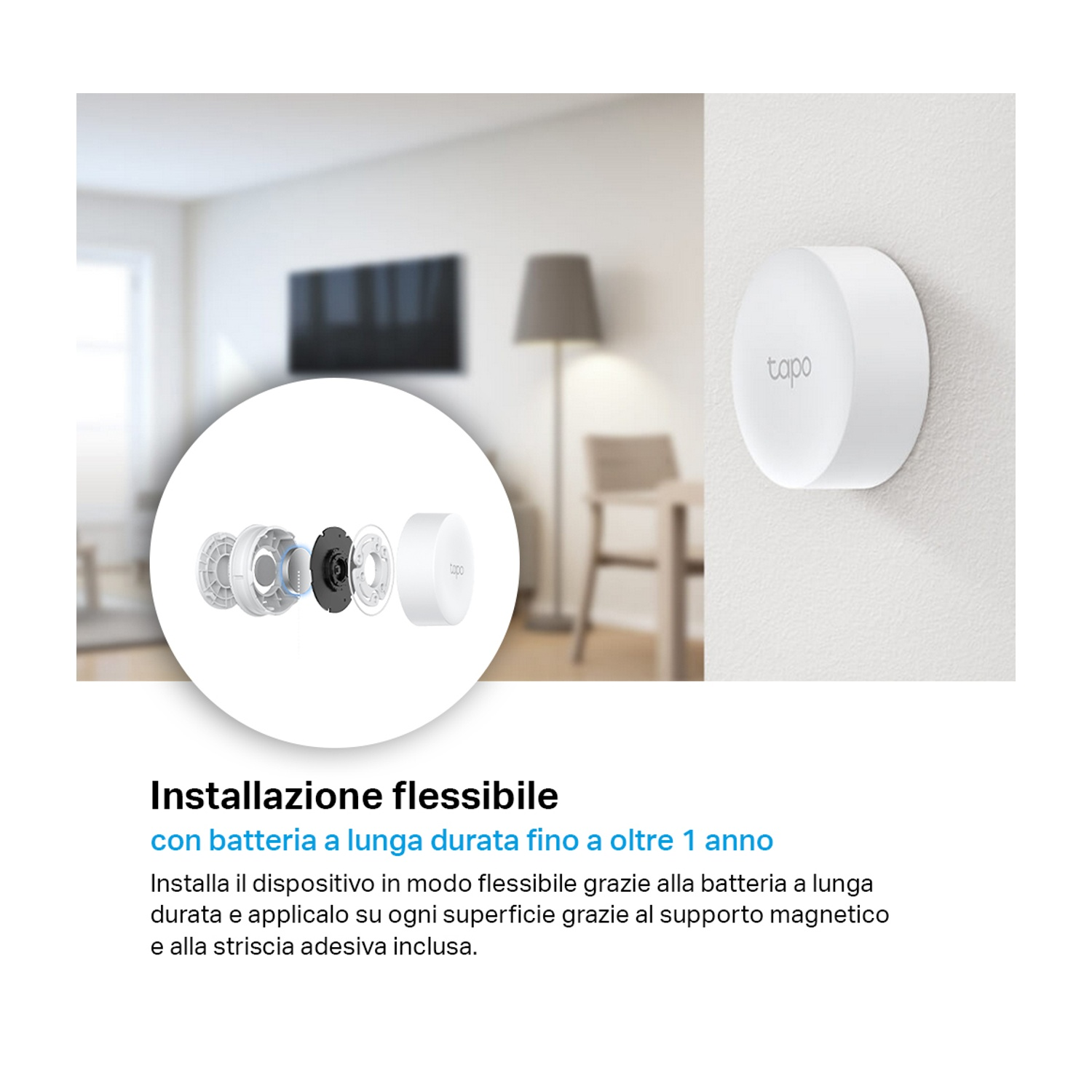Un dispositivo per la casa intelligente bianco è montato su una parete. Un diagramma mostra i componenti.